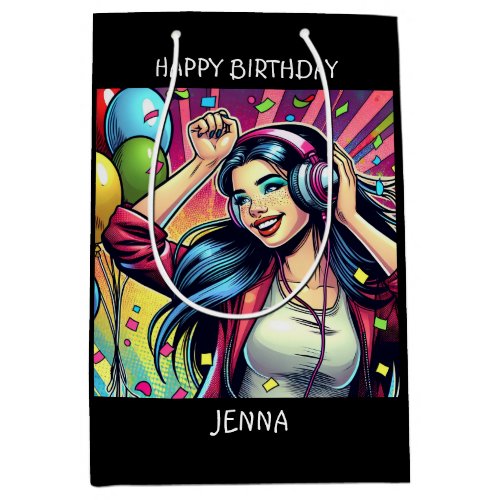 Pop Art Girl in Headphones Birthday Personalized Medium Gift Bag