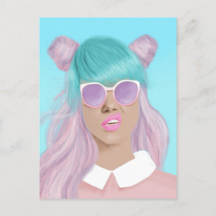 POP ART GIRL RETRO BLUE HAIR POSTCARD