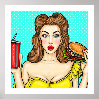 Pop Art Girl with Burger Kitchen 24x24 Poster