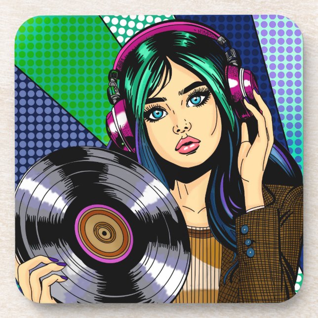 Pop Art Girl with Record Beverage Coaster (Front)