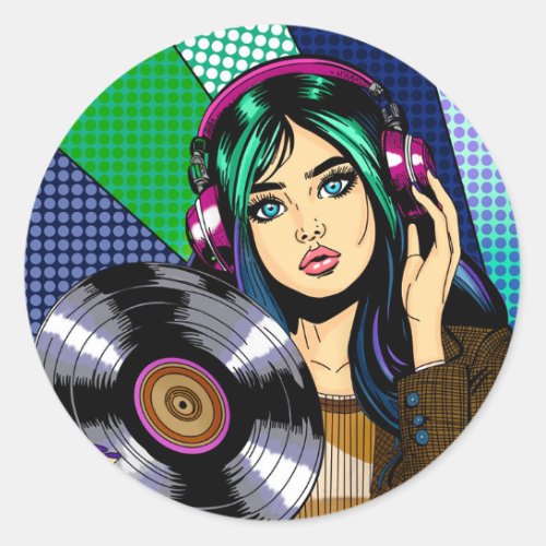 Pop Art Girl with Record Classic Round Sticker