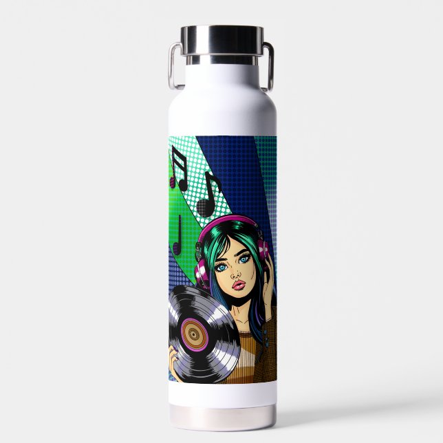 Pop Art Girl with Record Personalized Water Bottle (Front)