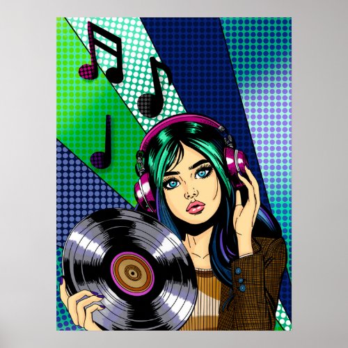 Pop Art Girl with Record Poster