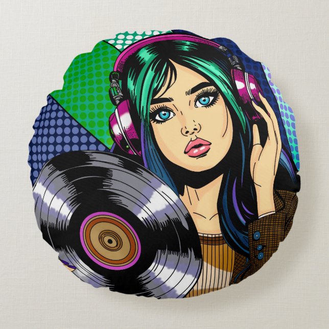 Pop Art Girl with Record Round Pillow (Front)