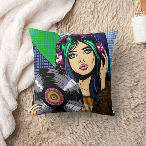 Pop Art Girl with Record Throw Pillow