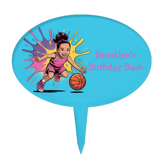Pop Art Girls Basketball Birthday Bash Cake Topper (Front)