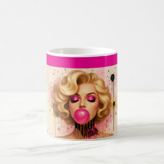 Pop Art Glam Mug with Blonde Woman and Bubble Gum