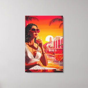 Pop Art Glamorous Woman at Sunset with Wine Canvas Print
