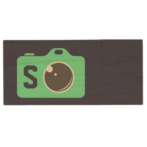 Pop Art Green Camera Monogram Wood Flash Drive