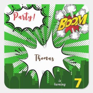 Pop art green comic birthday square sticker