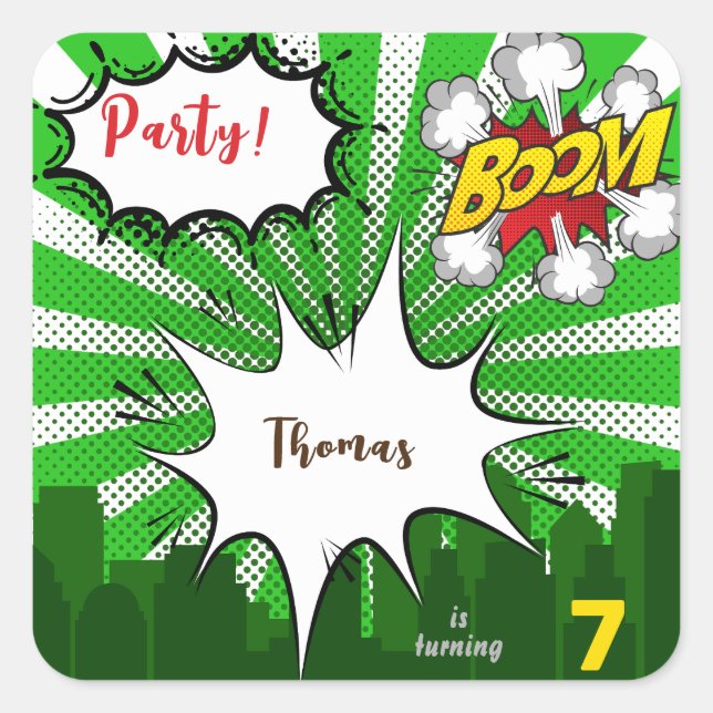 Pop art green comic birthday square sticker (Front)