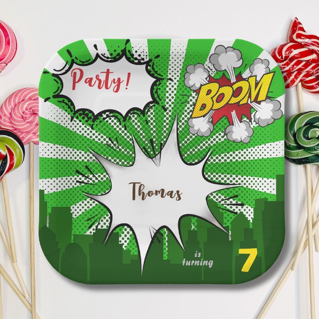 Pop art green comic hero birthday paper plates (Creator Uploaded)
