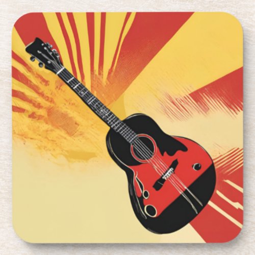 Pop Art Guitar Painting Illustration Vintage Retro Beverage Coaster