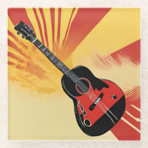 Pop Art Guitar Painting Illustration Vintage Retro Glass Coaster