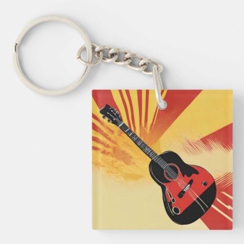 Pop Art Guitar Painting Illustration Vintage Retro Keychain