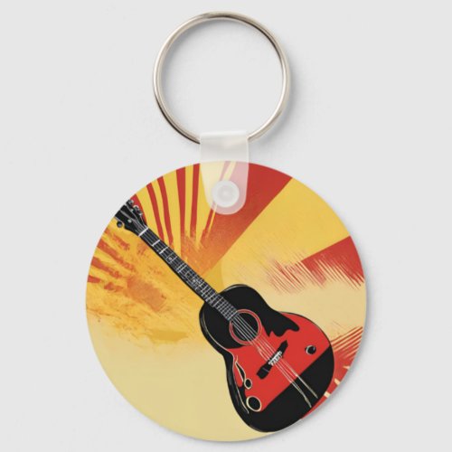 Pop Art Guitar Painting Illustration Vintage Retro Keychain