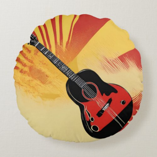 Pop Art Guitar Painting Illustration Vintage Retro Round Pillow