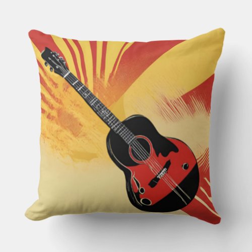 Pop Art Guitar Painting Illustration Vintage Retro Throw Pillow