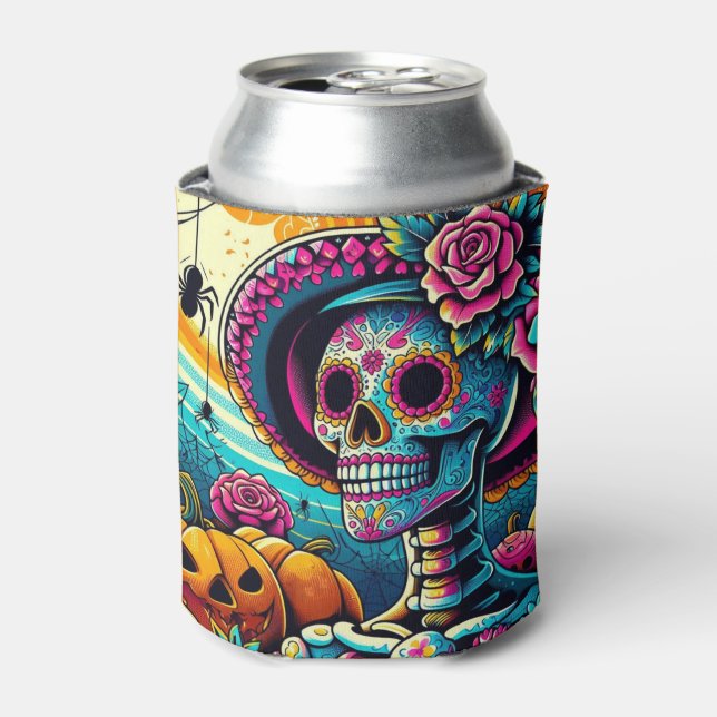 Pop Art Halloween Sugar Skull, Jack-O-Lanterns  Can Cooler (Can Front)