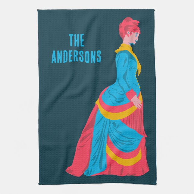 Pop Art Historical Woman in Bustle Dress Custom Kitchen Towel (Vertical)