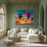 Pop Art Hot Air Balloon - Adventure in the Sky Poster<br><div class="desc">This colorful pop art hot air balloon scene features multiple balloons soaring against a stunning sunset sky, capturing the spirit of freedom and adventure. Perfect for those who love exploration and the beauty of the open sky, this artwork brings a sense of wonder to any space. Customize the main balloon...</div>
