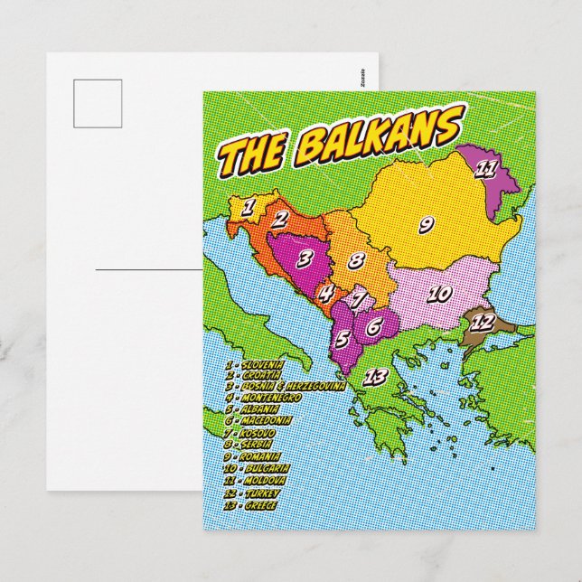Pop Art Illustrated Balkans map Holiday Postcard (Front/Back)