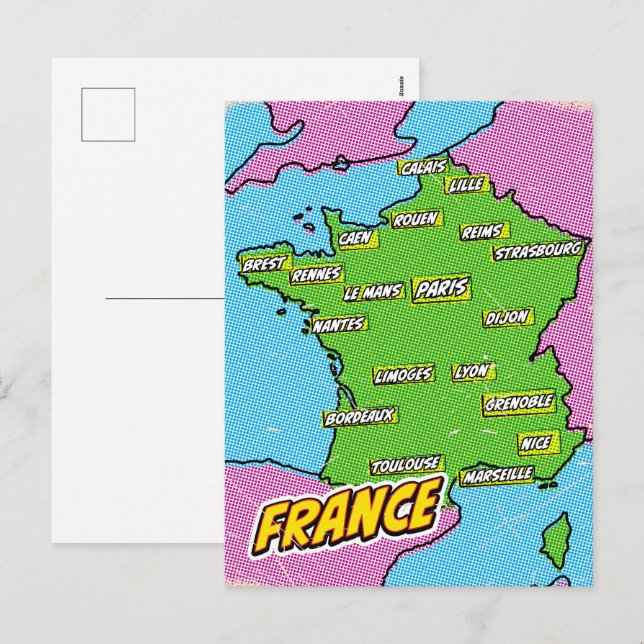 Pop Art Illustrated France map Holiday Postcard (Front/Back)