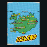 Pop Art Illustrated New York City map Poster<br><div class="desc">A pop art style map of Iceland with a bright blue background and a dotted pattern. The map itself is green with black outlines and features various cities and towns marked with red dots and yellow speech bubbles. The names of the cities are written in bold white letters inside the...</div>