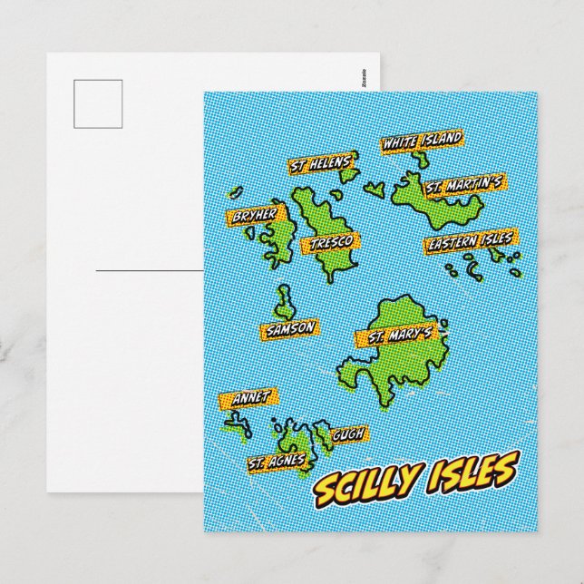 Pop Art Illustrated Scilly Isles map Holiday Postcard (Front/Back)