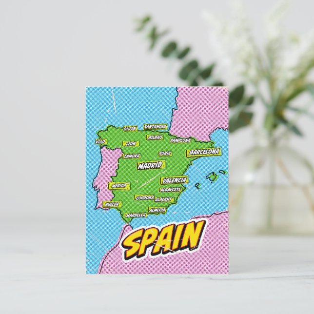 Pop Art Illustrated Spain map Postcard (Standing Front)