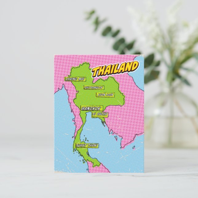 Pop Art Illustrated Thailand map Postcard (Standing Front)