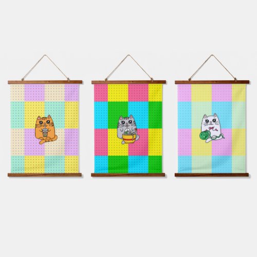 Pop Art Kawaii Cat with Boba Tea Ramen and Crafts Hanging Tapestry