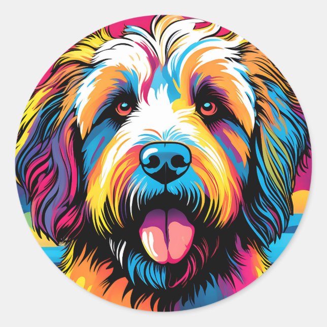 Pop Art Labradoodle Portrait Classic Round Sticker (Front)