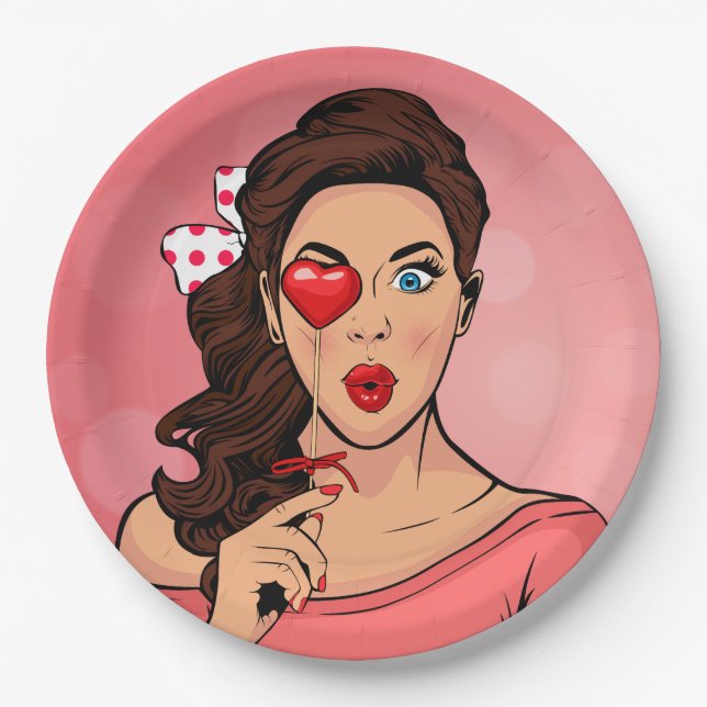 Pop Art Lady Heart Lollipop Paper Plates (Front)