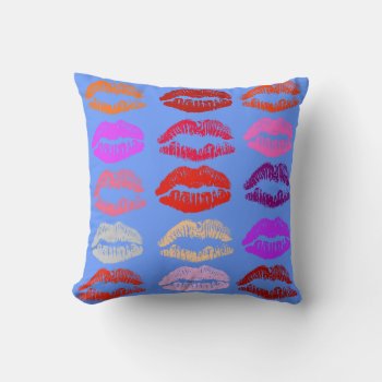 Pop Art Lips (kisses) Pillow Blue Background by ForEverProud at Zazzle