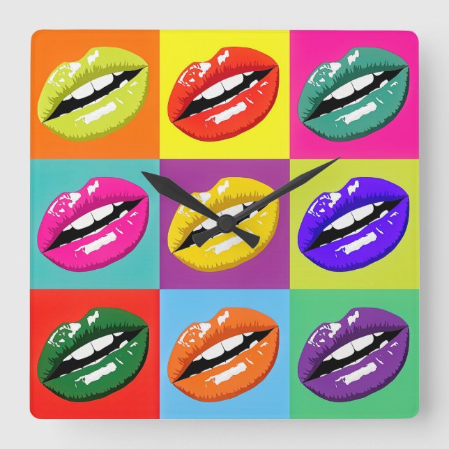 Pop Art Lips Pattern Designed Clock. Square Wall Clock (Front)