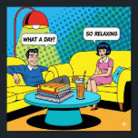 Pop Art Lounge Poster<br><div class="desc">A high-quality graphic of a lounge scene in a pop art style. The lounge features plush,  rounded furniture in primary colors and two figures seated on a large yellow sofa with speech bubbles above their heads.</div>