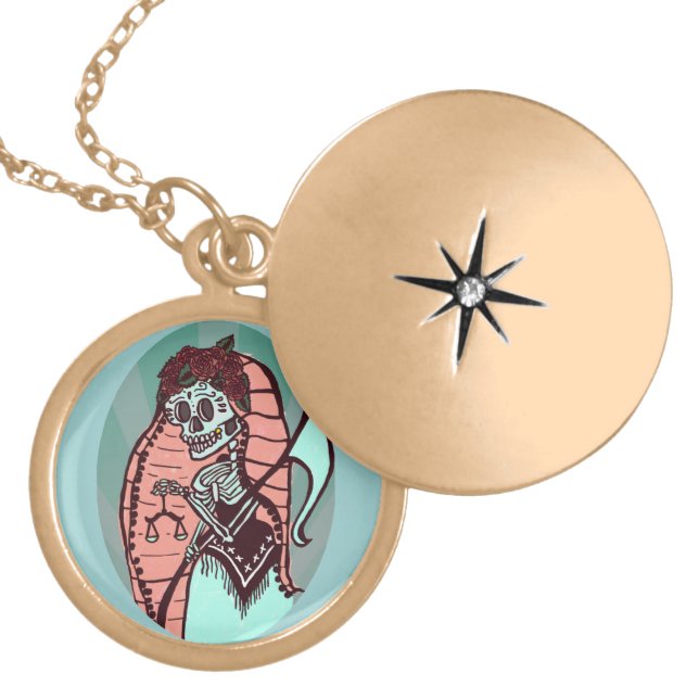Pop Art Mexican Santa Muerte Good Luck Charm - Gold Plated Necklace (Front)