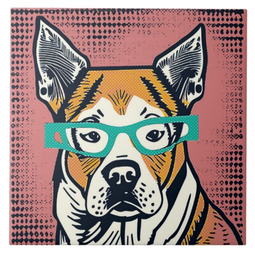 Pop Art Mixed Breed Dog With Glasses Ceramic tile