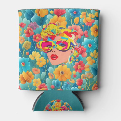 Pop Art Model On Pretty Flower Pattern Colorful Can Cooler