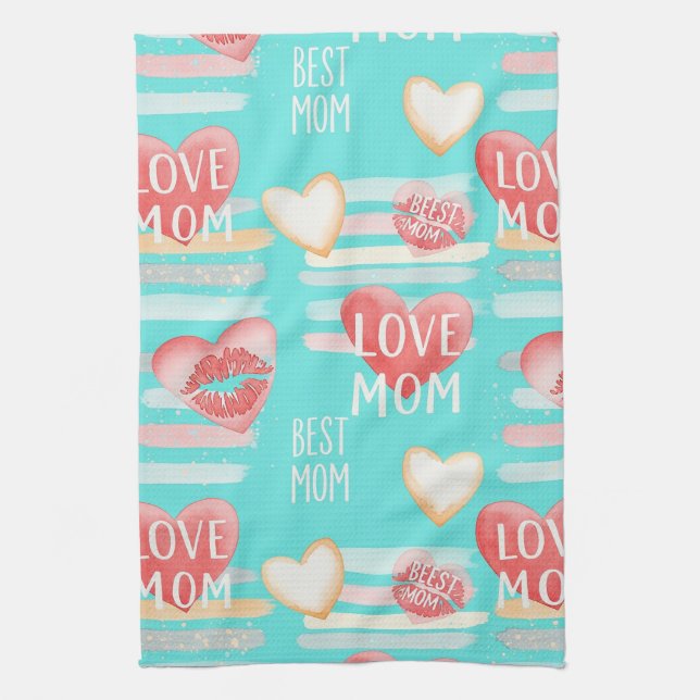 Pop Art MOM Love Pattern in Turquoise (2) Kitchen Towel (Vertical)