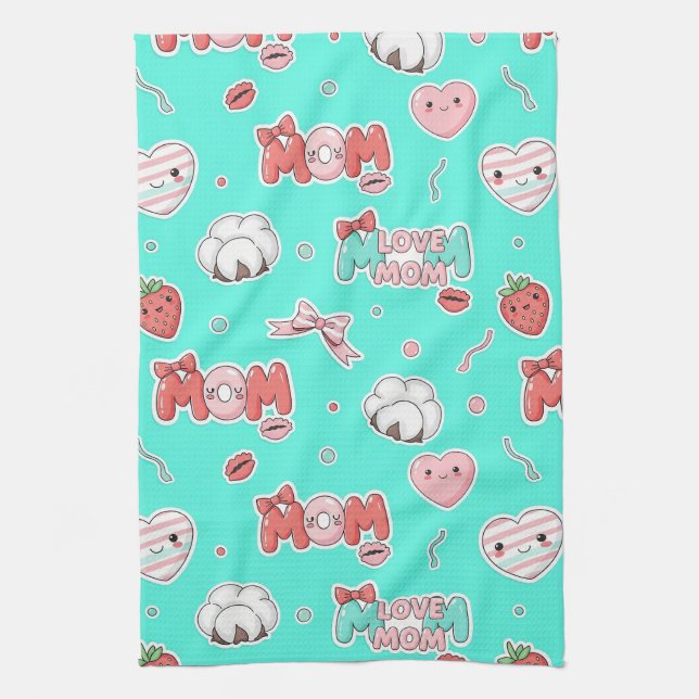 Pop Art MOM Love Pattern in Turquoise (3) Kitchen Towel (Vertical)