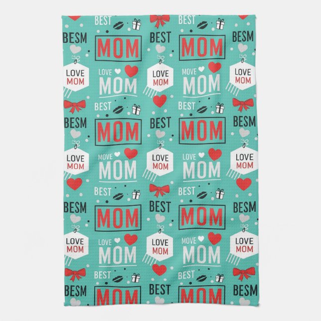 Pop Art MOM Love Pattern in Turquoise (6) Kitchen Towel (Vertical)