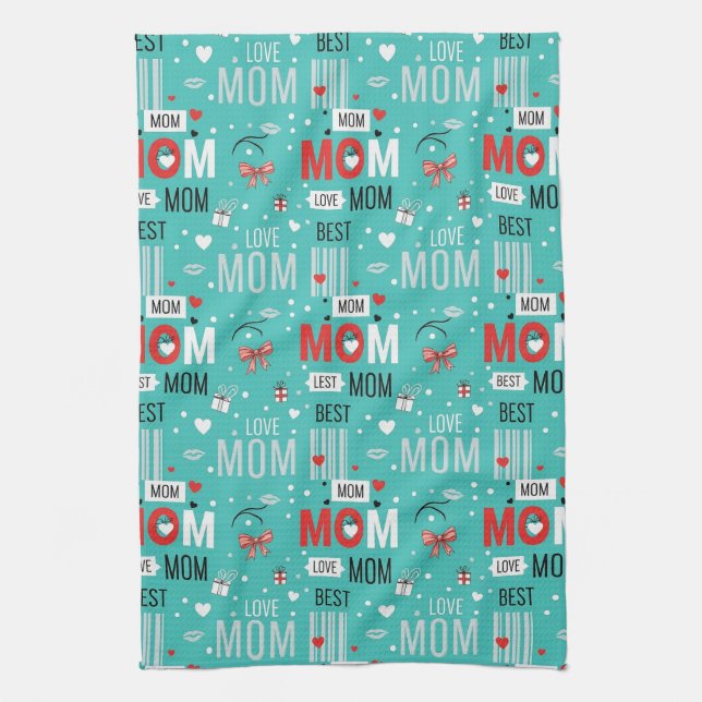Pop Art MOM Love Pattern in Turquoise (7) Kitchen Towel (Vertical)