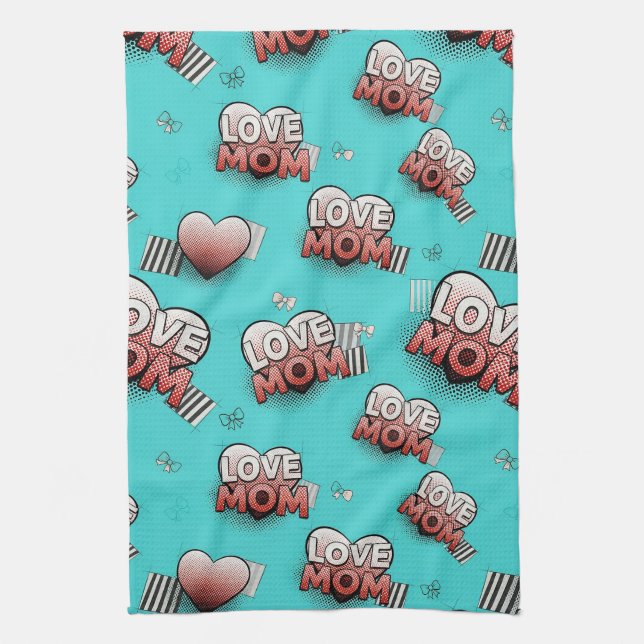 Pop Art MOM Love Pattern in Turquoise (8) Kitchen Towel (Vertical)