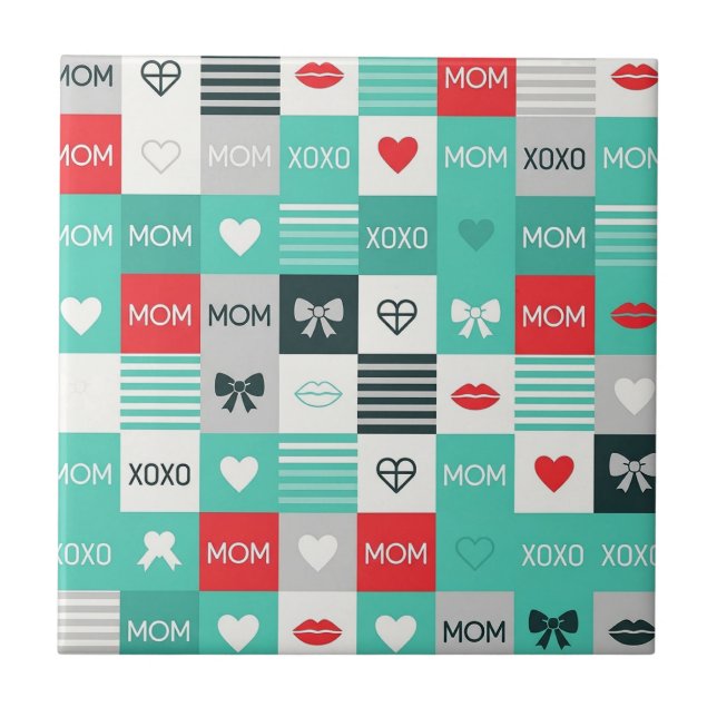Pop Art MOM Love Pattern with Hearts & Bows (1) Ceramic Tile (Front)