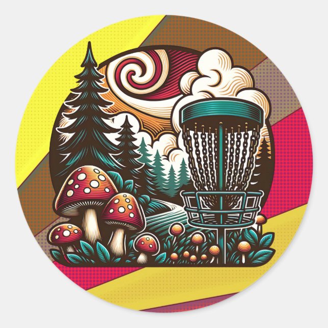 Pop Art Mushrooms and Disc Golf Course Ai Art Classic Round Sticker (Front)