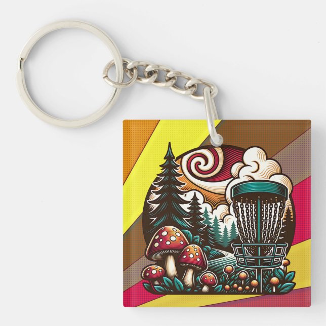 Pop Art Mushrooms and Disc Golf Course Ai Art Keychain (Front)
