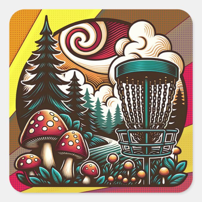 Pop Art Mushrooms and Disc Golf Course Ai Art Square Sticker (Front)