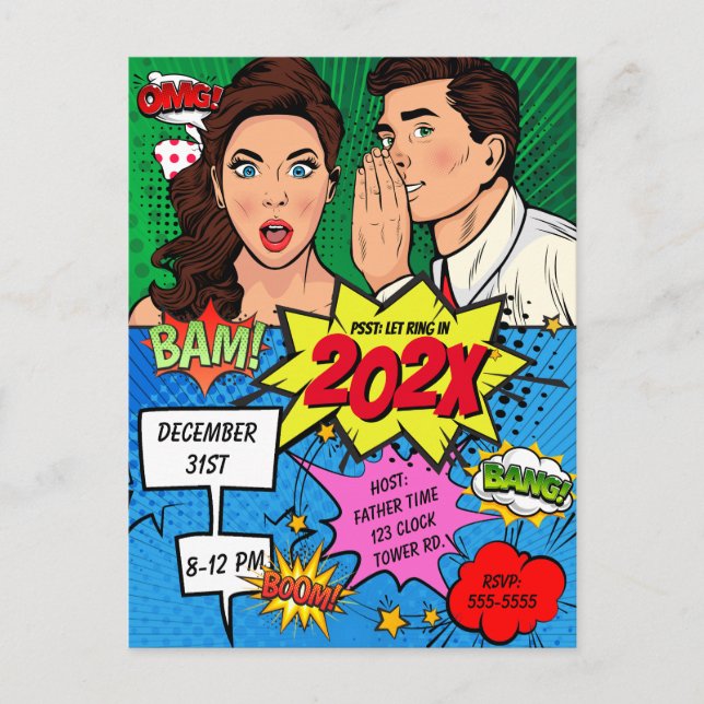 Pop Art New Years Eve Party Comic Postcard (Front)